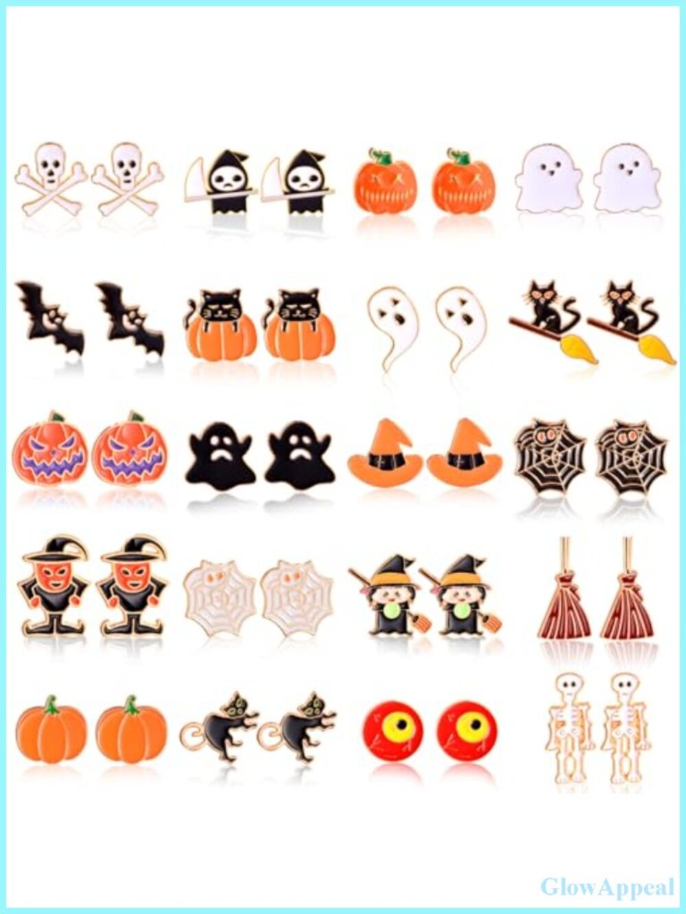 20 Pair Halloween Clip On Earrings, Hypoallergenic Resin, Skeleton Spider Skull